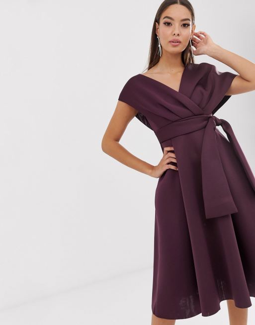 ASOS DESIGN fallen shoulder midi prom dress with tie detail in aubergine