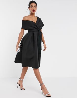 asos design fallen shoulder tux prom midi dress