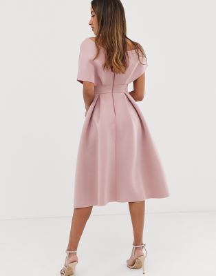 asos design fallen shoulder tux prom midi dress