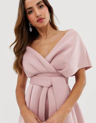 asos design fallen shoulder tux prom midi dress