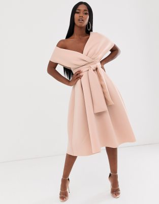 Fallen Shoulder Midi Prom Dress With Tie Detail Asos Design 7304