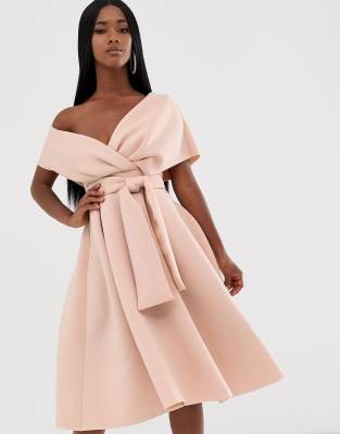 asos design fallen shoulder prom dress with tie detail