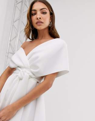 asos design fallen shoulder tux prom midi dress