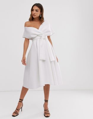 asos design fallen shoulder tux prom midi dress