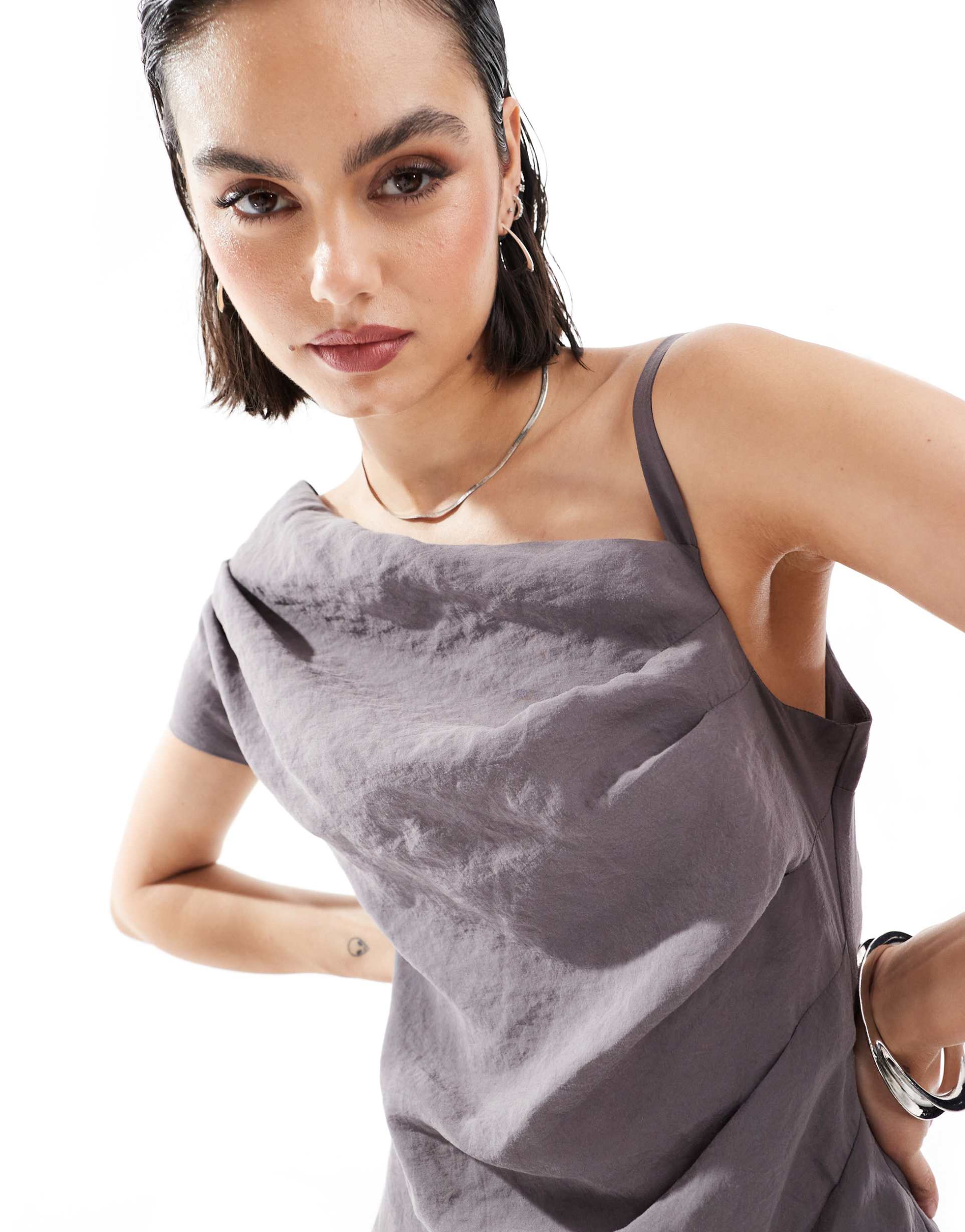 asos design fallen shoulder mini dress with thick strap detail in gray