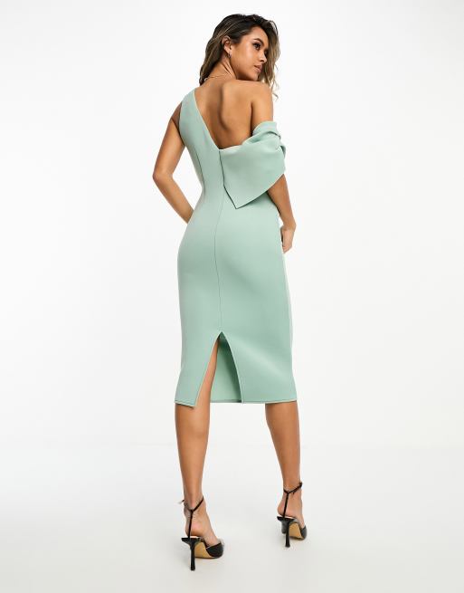 ASOS DESIGN fallen shoulder pleat back midi  dress in sage green in scuba-style fabric, 2 of 4