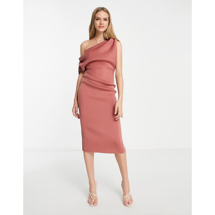 ASOS DESIGN fallen shoulder pleat back midi scuba dress in rose