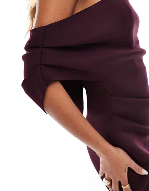 ASOS DESIGN fallen shoulder pleat midi dress in aubergine