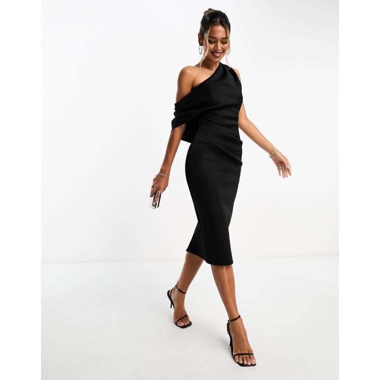 asos design fallen ruched shoulder pleated midi dress in velvet ASOS Velvet Midi Dress With Fallen Shoulder in Green
