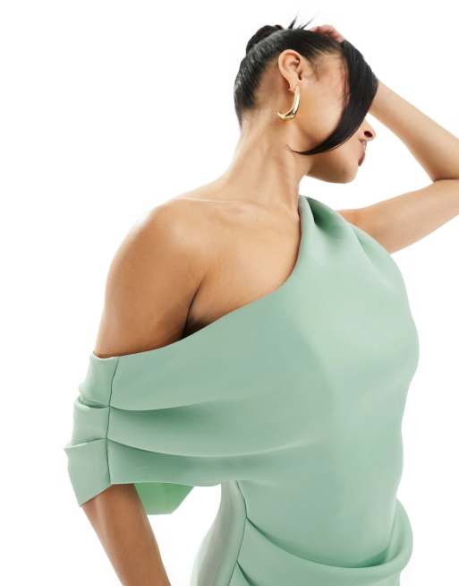 slim fit dress slacks ASOS DESIGN Bare Shoulder Prom Scuba Midi Dress In Forest Green