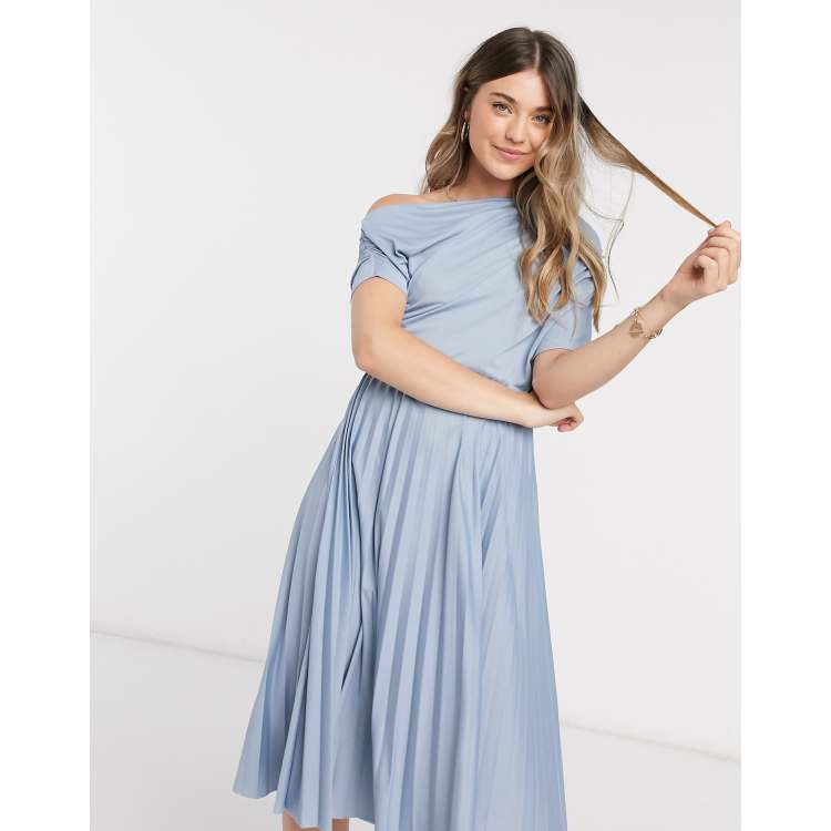 ASOS DESIGN fallen shoulder pleated skater midi dress in dusty