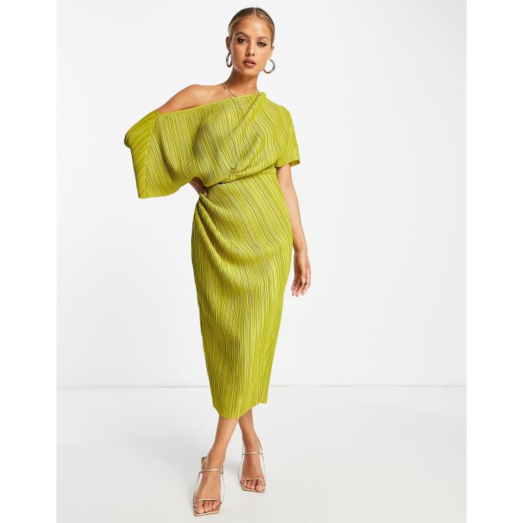 asos design fallen shoulder plisse midi dress ASOS DESIGN plisse fallen shoulder midi dress in light gray