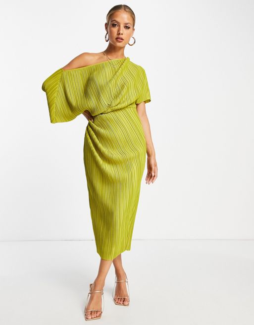 ASOS DESIGN fallen shoulder plisse midi dress in golden olive | ASOS