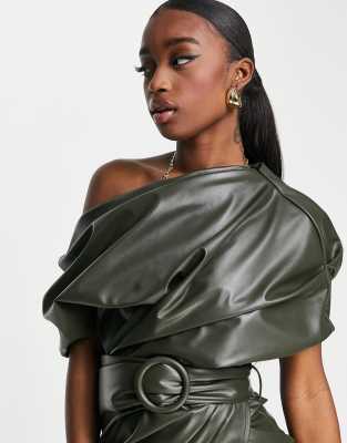 ASOS DESIGN fallen shoulder pu belted midi pencil dress in khaki | ASOS