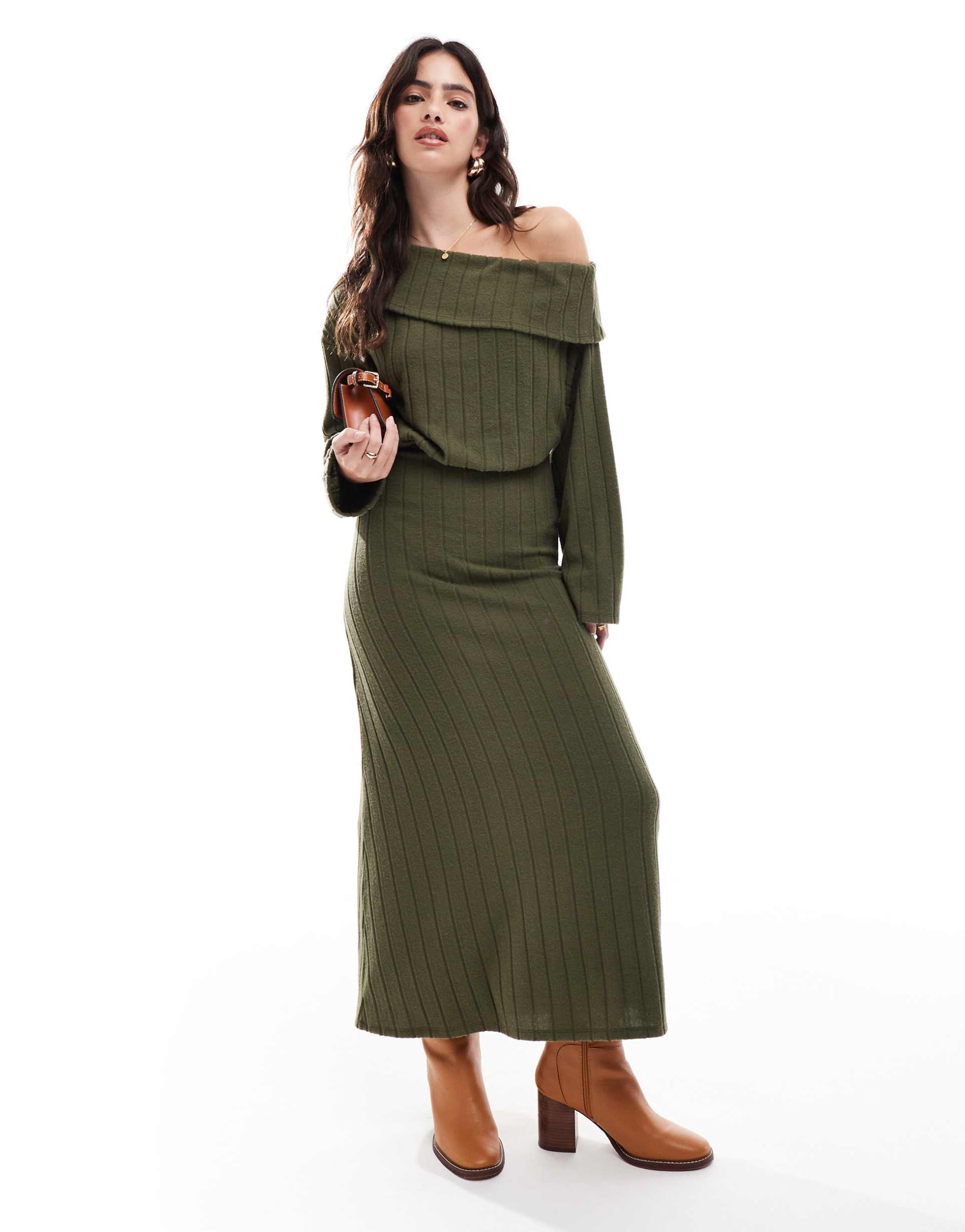 asos design fallen shoulder ribbed midi dress in khaki