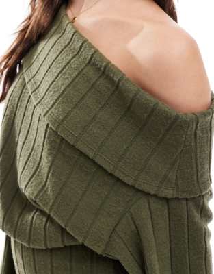 asos design fallen shoulder ribbed midi dress in khaki