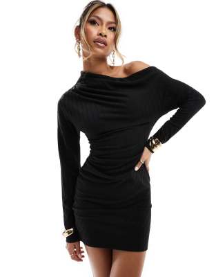 ASOS DESIGN fallen shoulder ribbed mini dress with long sleeve in black |  ASOS