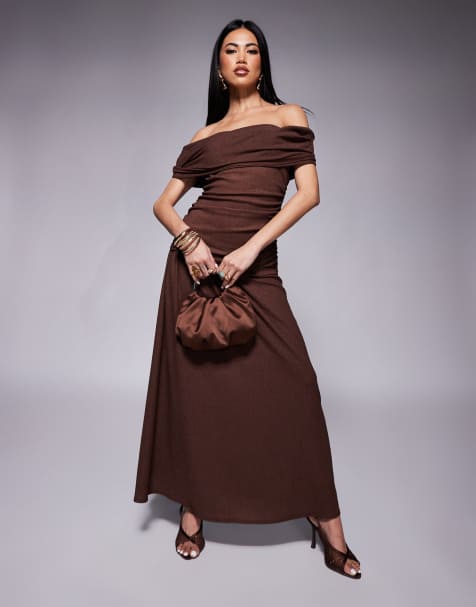 ASOS DESIGN fallen shoulder ruched asym waist midaxi dress in brown