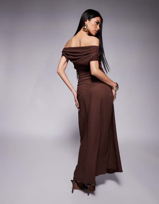 ASOS DESIGN fallen shoulder ruched asymmetric waist midaxi dress in brown