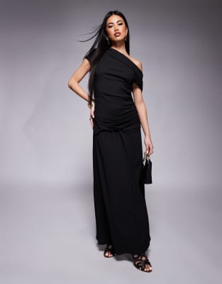 Asos Design Fallen Shoulder Ruched Asymmetric Waist Midi Dress In Black