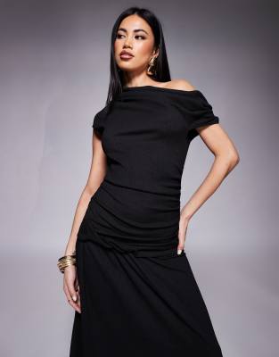 Asos Design Fallen Shoulder Ruched Asymmetric Waist Midi Dress In Black