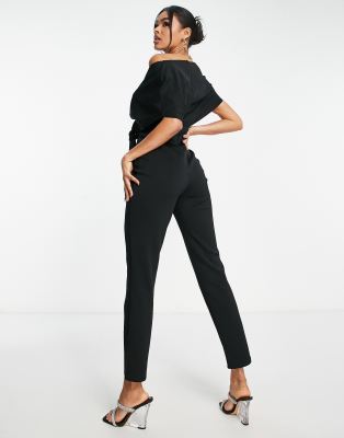 ASOS DESIGN fallen shoulder scuba jumpsuit in black