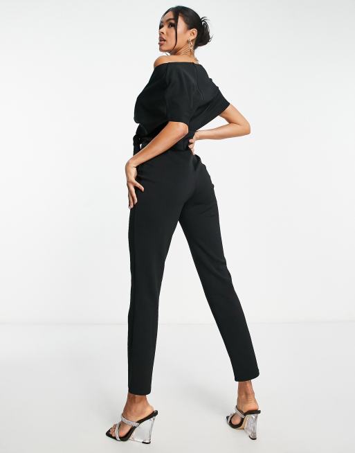 ASOS LUXE kick flare jumpsuit with textured tie shoulder detail in