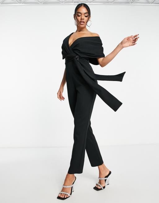 ASOS DESIGN fallen shoulder scuba jumpsuit in black