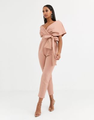 ASOS DESIGN fallen shoulder scuba jumpsuit in blush | ASOS