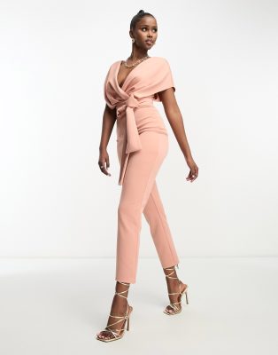 ASOS DESIGN fallen shoulder scuba jumpsuit in blush-Pink