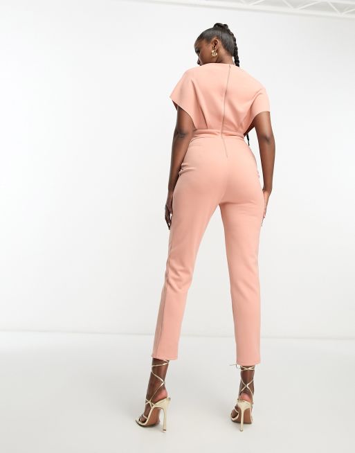 ASOS DESIGN fallen shoulder scuba jumpsuit in blush