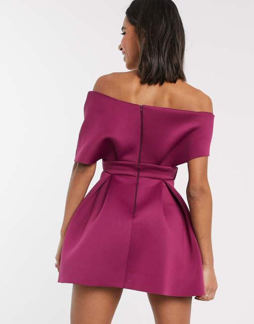 ASOS DESIGN fallen shoulder skater mini dress with tie detail in raspberry