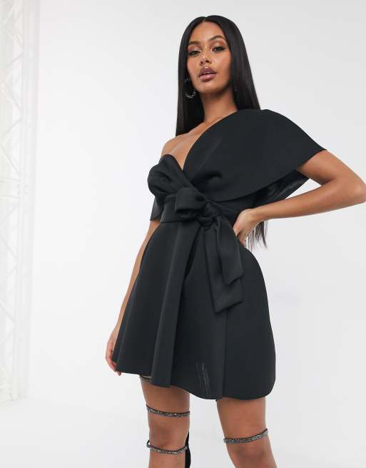 ASOS DESIGN fallen shoulder skater mini dress with tie detail