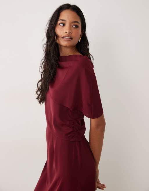 ASOS DESIGN fallen shoulder slinky midi dress in burgundy, 2 of 4