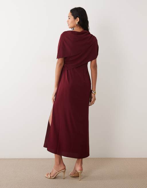 ASOS DESIGN fallen shoulder slinky midi dress in burgundy, 4 of 4