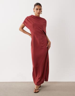 Asos Design Fallen Shoulder Slinky Midi Dress In Burgundy