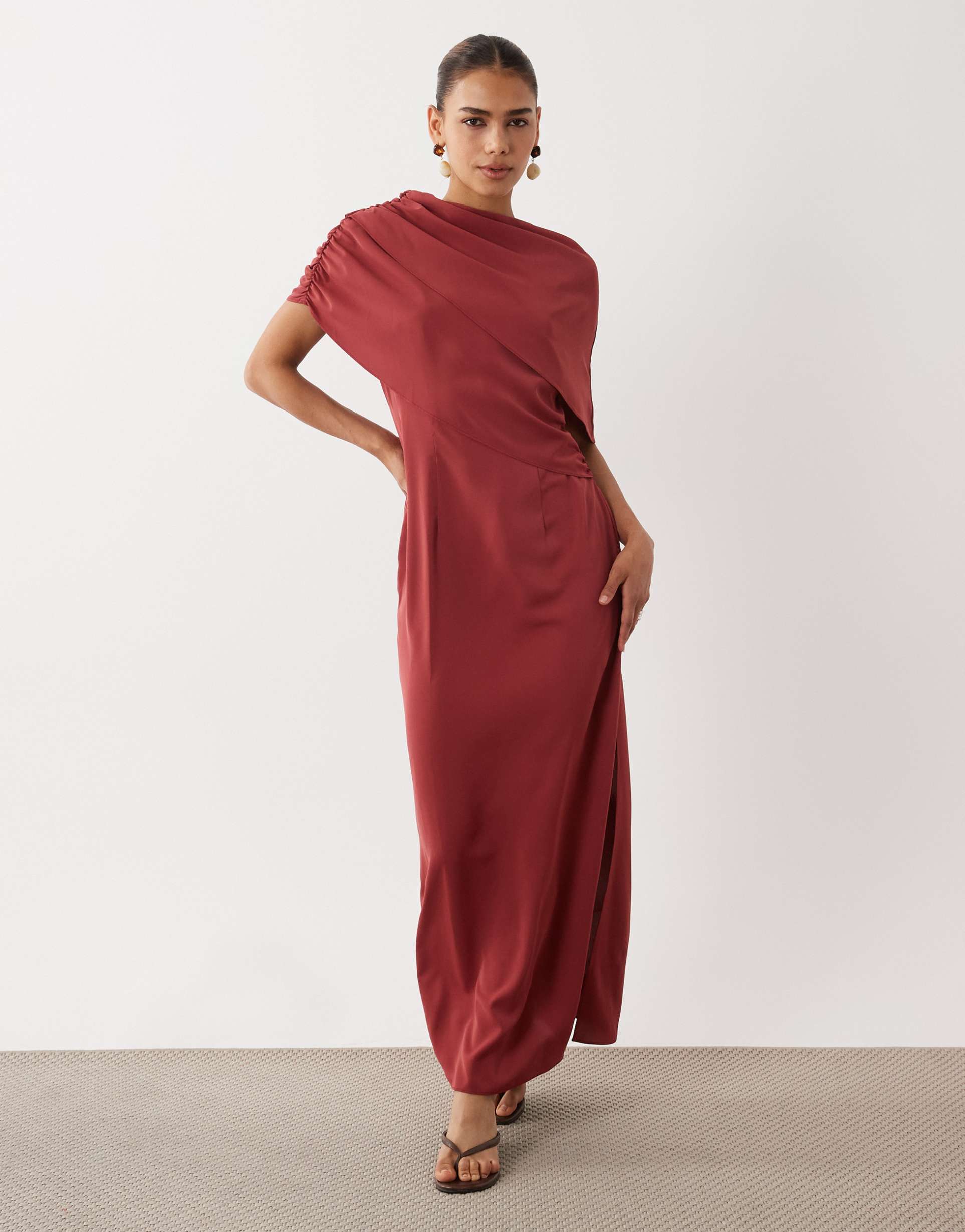 asos design fallen shoulder slinky midi dress in burnt orange