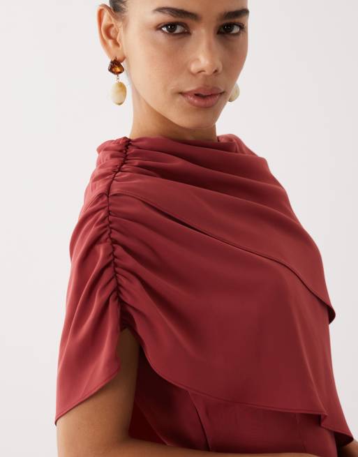 ASOS DESIGN fallen shoulder slinky midi dress in burnt orange, 3 of 4