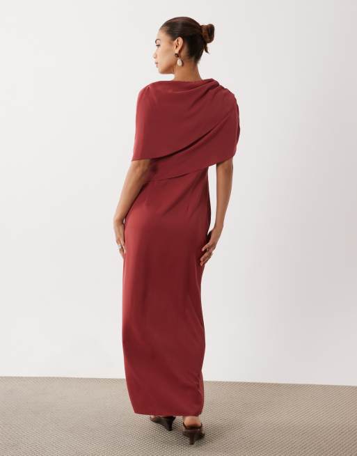 ASOS DESIGN fallen shoulder slinky midi dress in burnt orange, 4 of 4