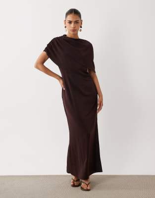 Asos Design Fallen Shoulder Slinky Midi Dress In Brown