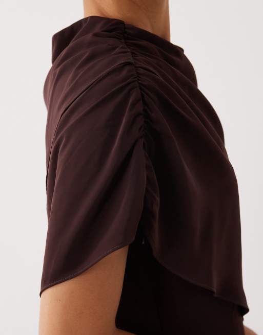 ASOS DESIGN fallen shoulder slinky midi dress in chocolate, 3 of 4
