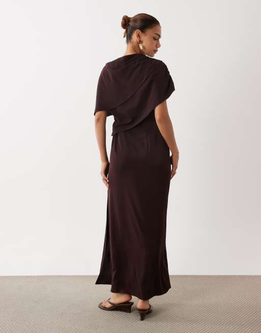 ASOS DESIGN fallen shoulder slinky midi dress in chocolate, 4 of 4