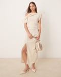 [ASOS DESIGN] ASOS DESIGN fallen shoulder strap detail drape midi dress in buttermilk-White 16 Buttermilk