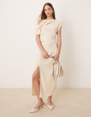 asos design fallen shoulder strap detail drape midi dress in buttermilk