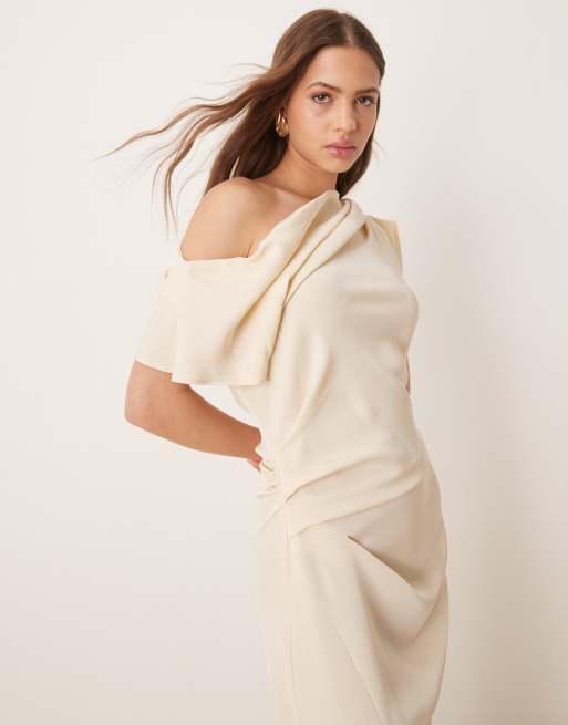 ASOS DESIGN fallen shoulder strap detail drape midi dress in buttermilk