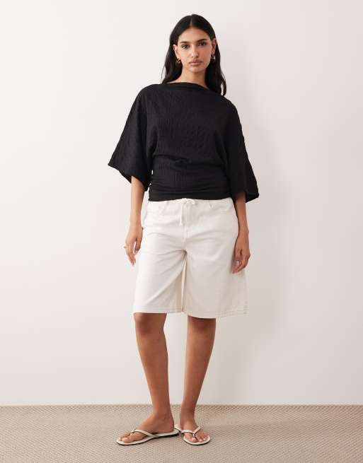 ASOS DESIGN fallen shoulder textured top with cinched waist in black, 2 of 4