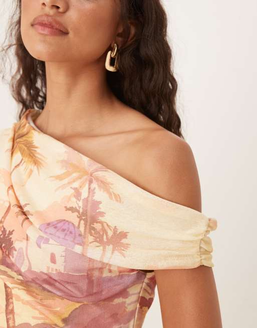 ASOS DESIGN fallen shoulder tie wrap midi dress in island bandana print, 3 of 4
