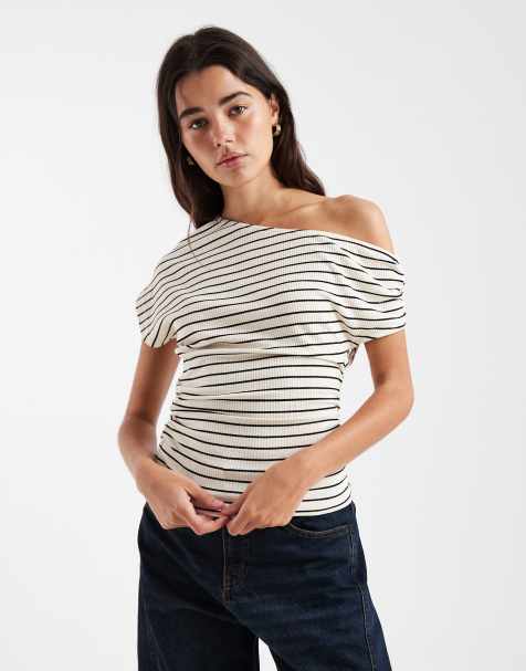 ASOS DESIGN fallen shoulder top with gathered waist in stripe - view 1
