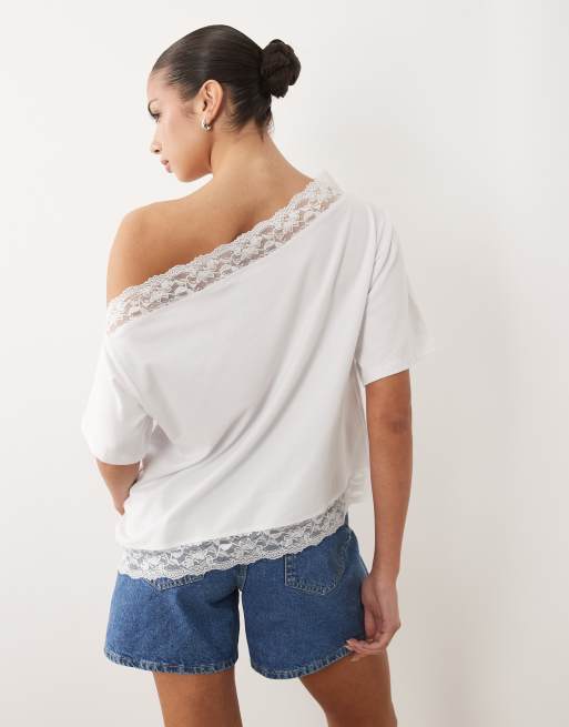 ASOS DESIGN fallen shoulder top with lace trim in white, 3 of 4