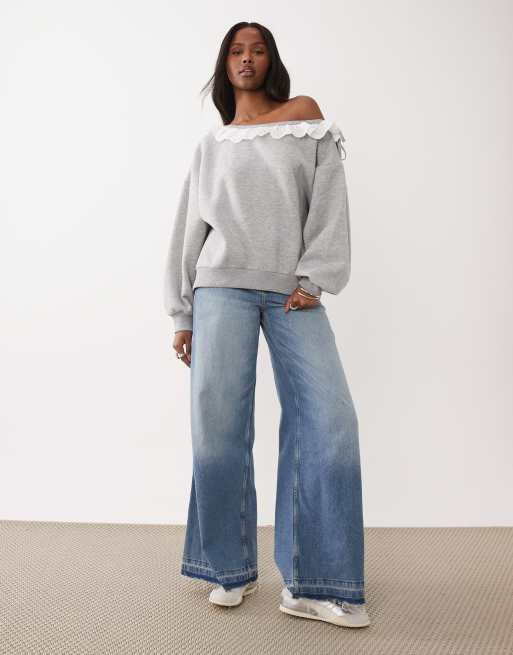 ASOS DESIGN fallen shoulder top with tie detail in gray, 2 of 4